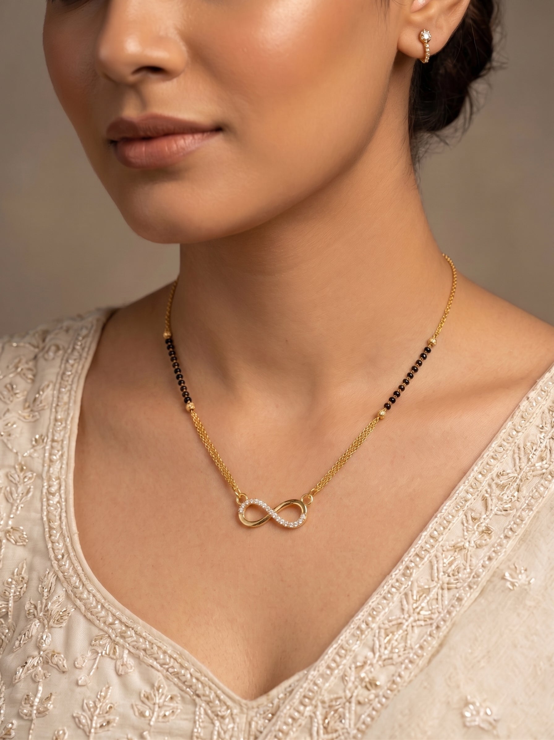 Infinity Charm Gold Plated Mangalsutra Necklace with Black Beads