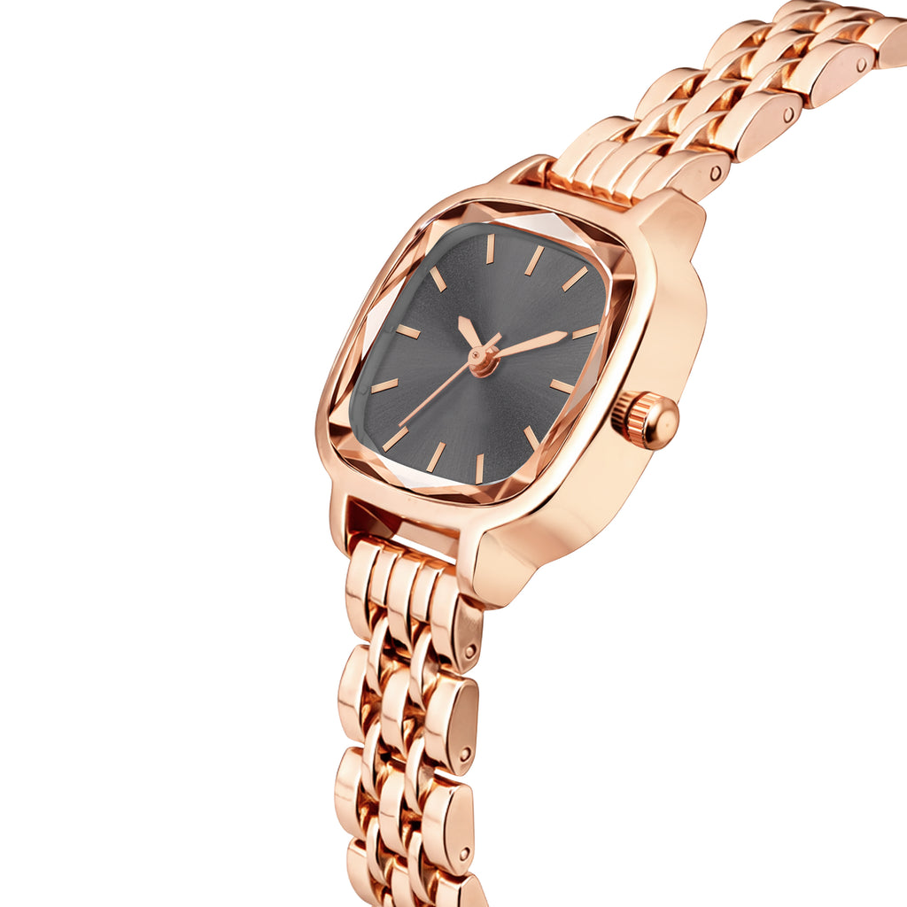 Luxury Rose Gold Square Watch for Women – Premium Diamond-Cut Glass Analog Watch with Black Dial