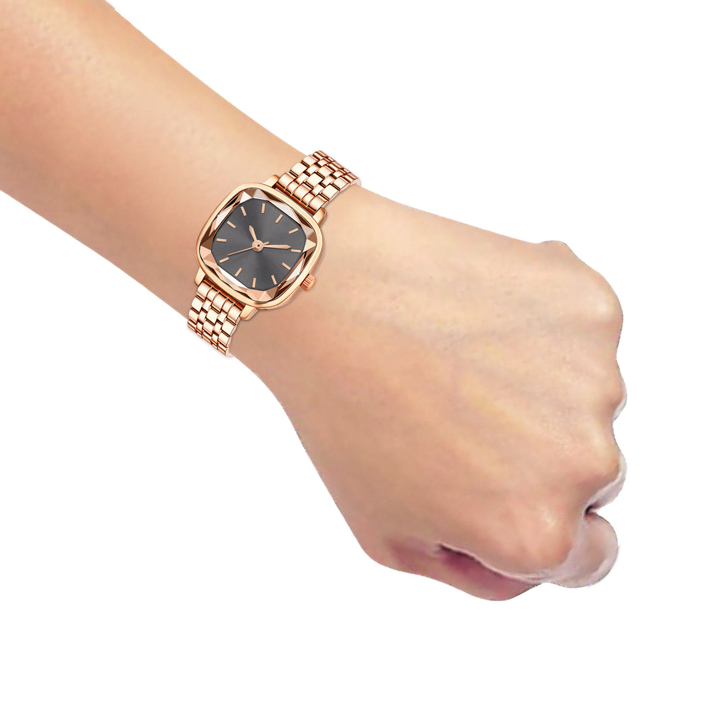 Luxury Rose Gold Square Watch for Women – Premium Diamond-Cut Glass Analog Watch with Black Dial