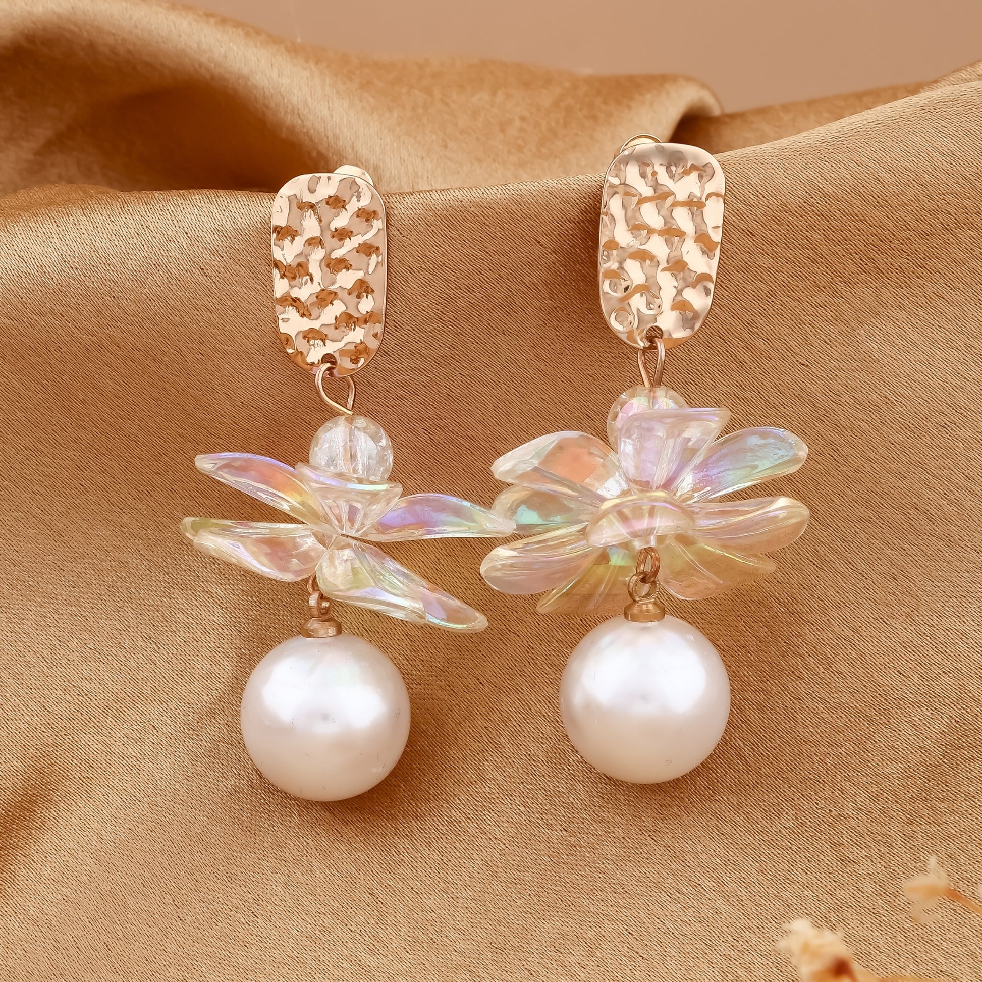 Iridescent Flower Pearl Drop Earrings