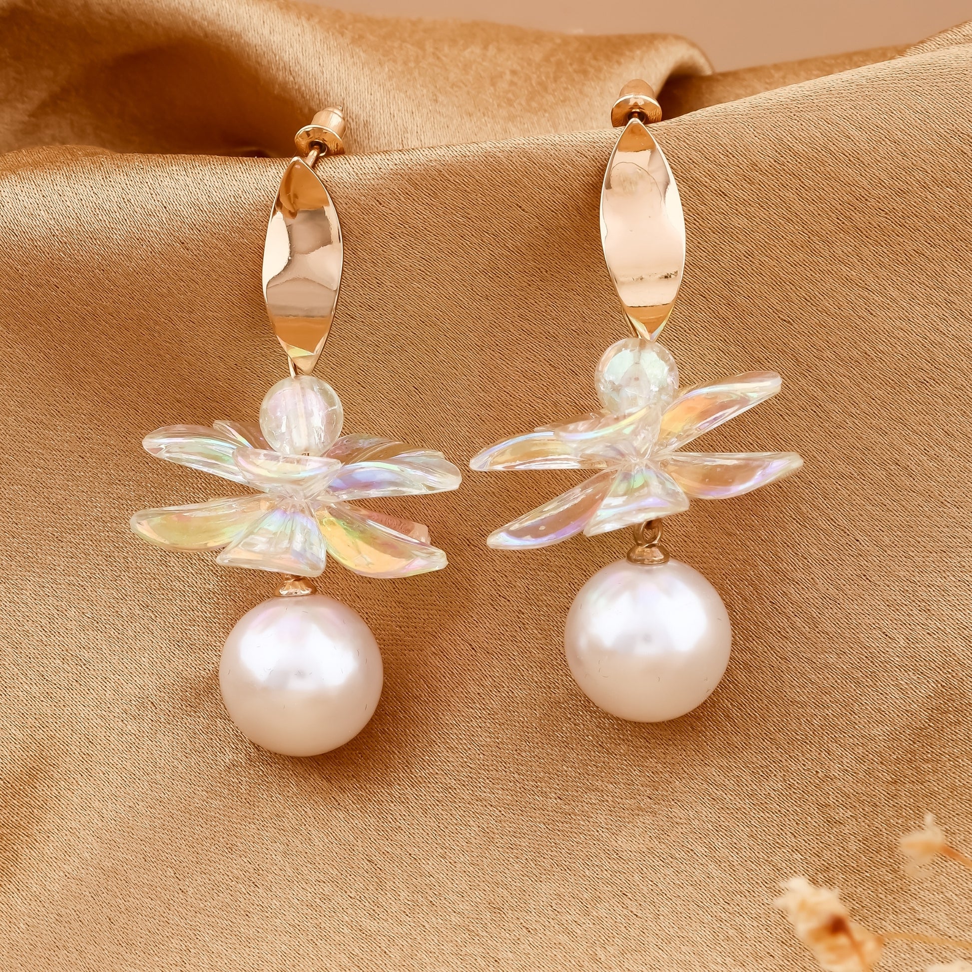 Iridescent Flower Pearl Drop Earrings