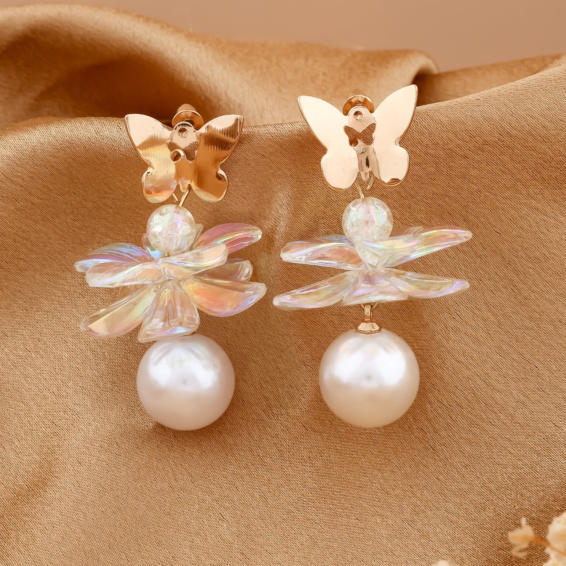 Iridescent Flower Pearl Drop Earrings