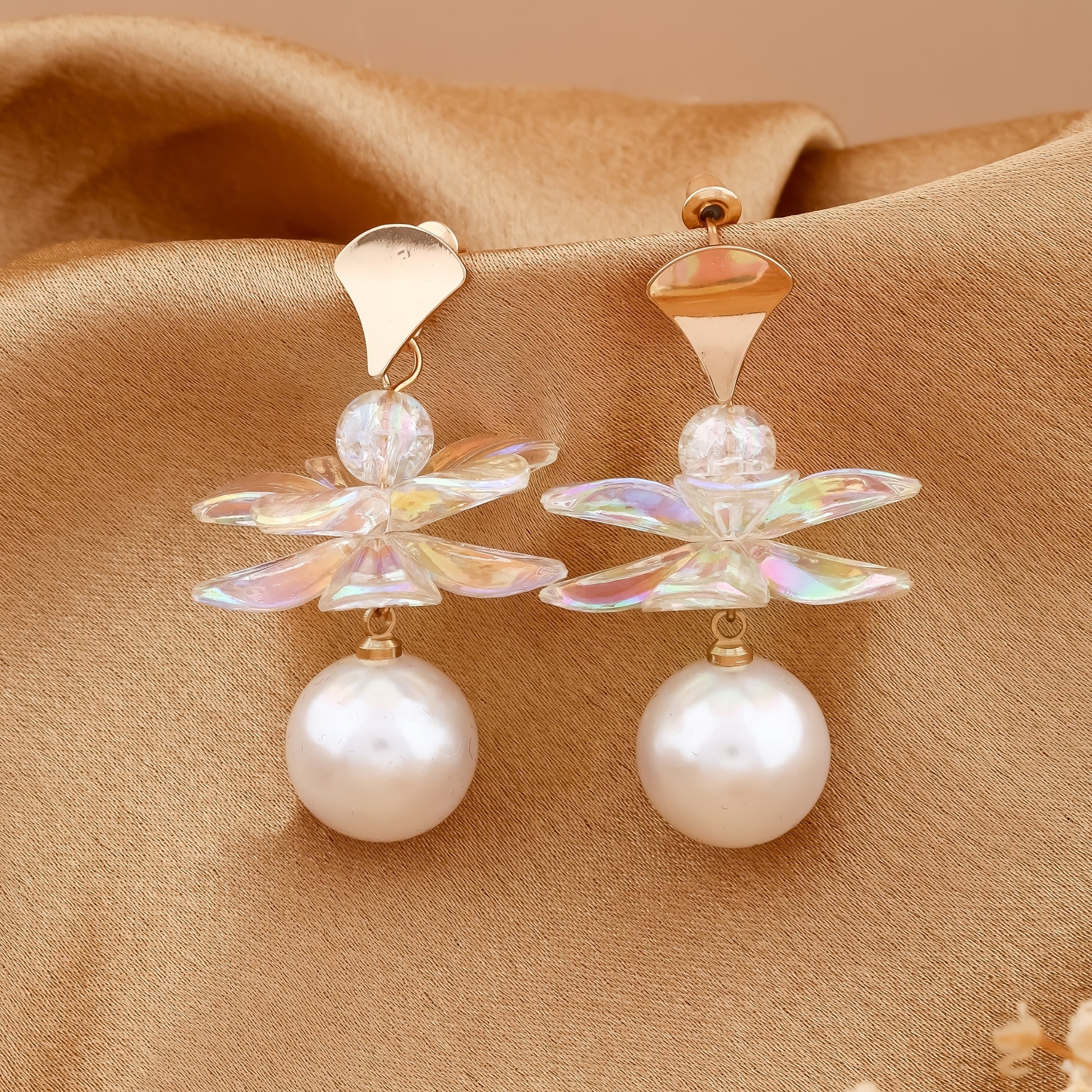 Iridescent Flower Pearl Drop Earrings