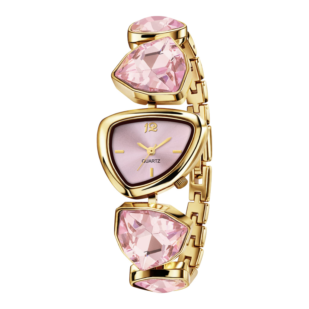 Luxury Geometric Pastel Pink Crystal Bracelet Watch for Women – Premium Gold-Plated Asymmetric Dial Analog Watch
