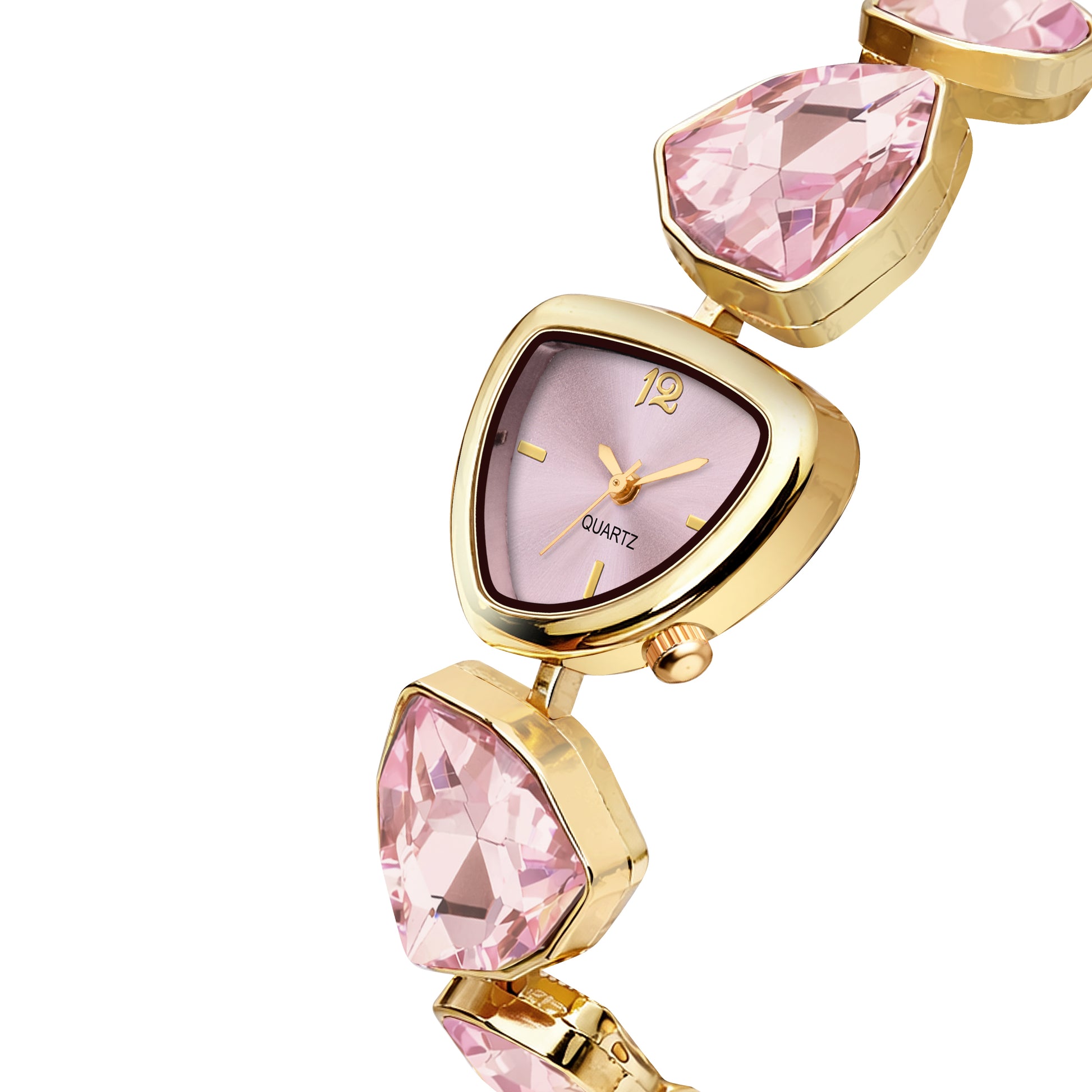 Luxury Geometric Pastel Pink Crystal Bracelet Watch for Women – Premium Gold-Plated Asymmetric Dial Analog Watch