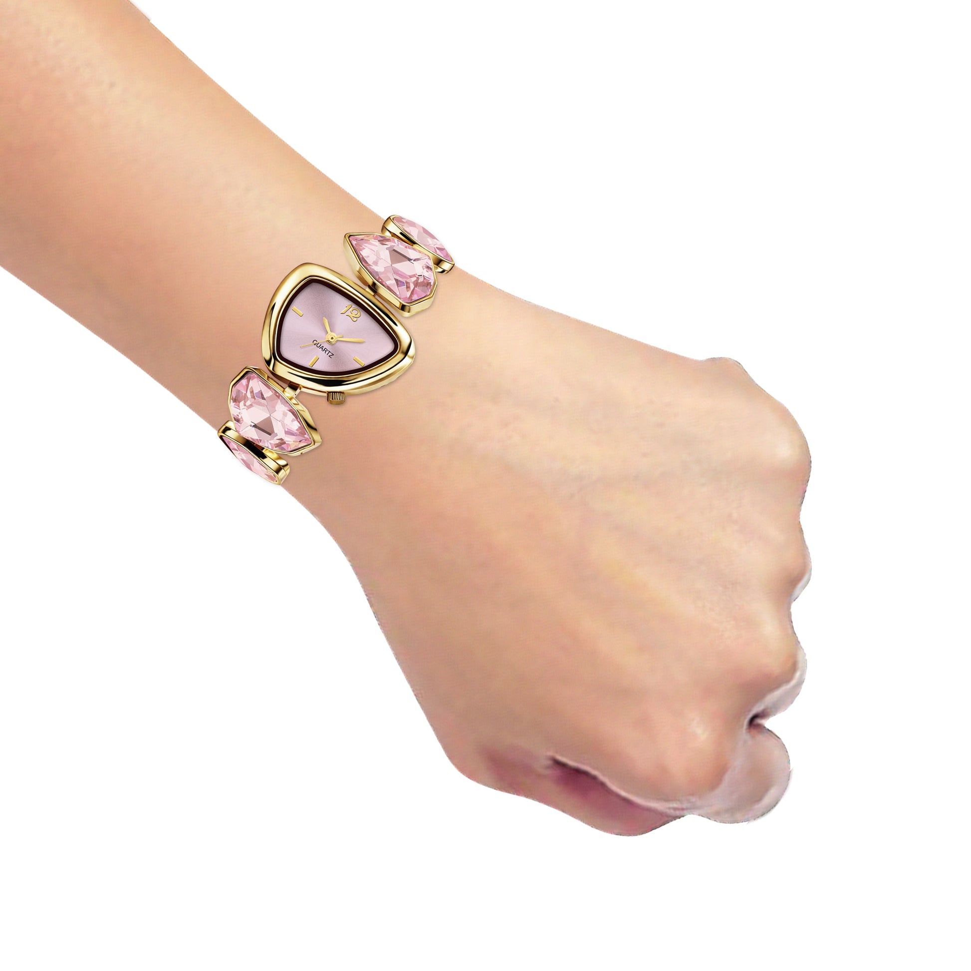 Luxury Geometric Pastel Pink Crystal Bracelet Watch for Women – Premium Gold-Plated Asymmetric Dial Analog Watch
