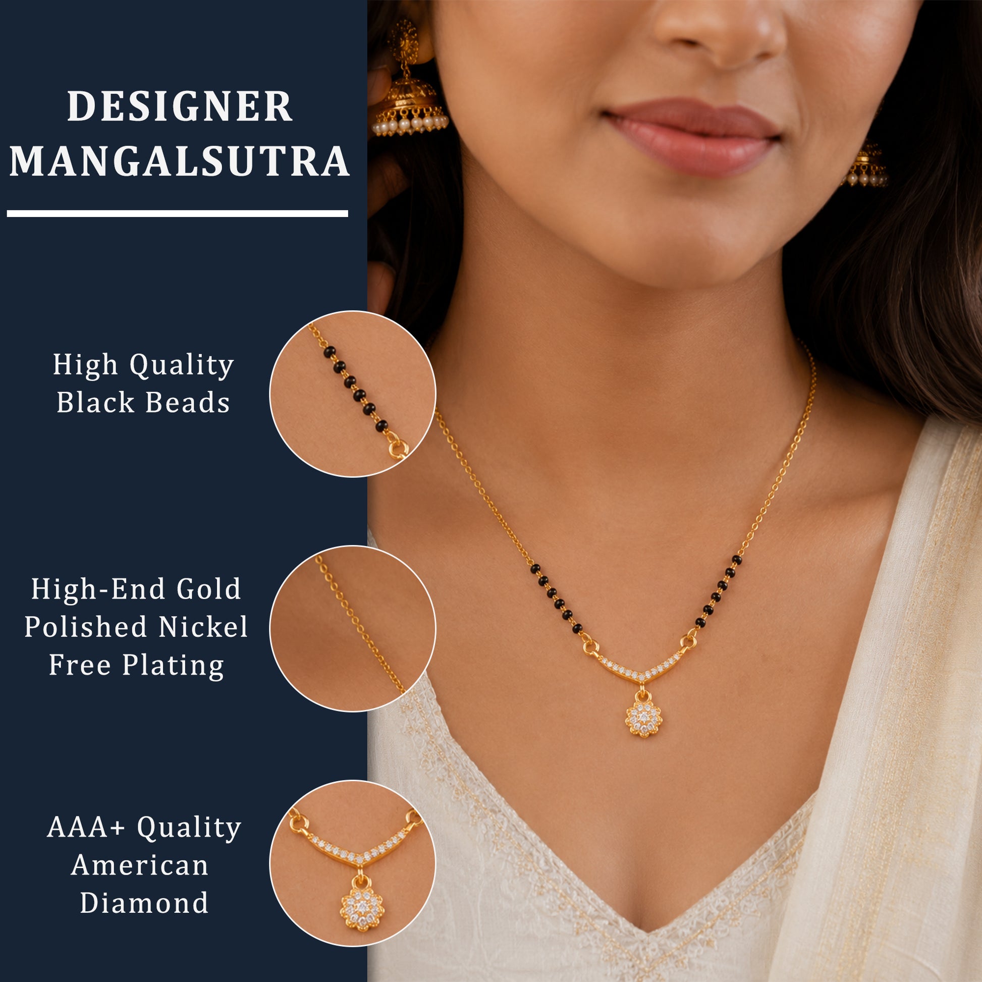 Floral Charm Gold Plated Mangalsutra Necklace with CZ Stones