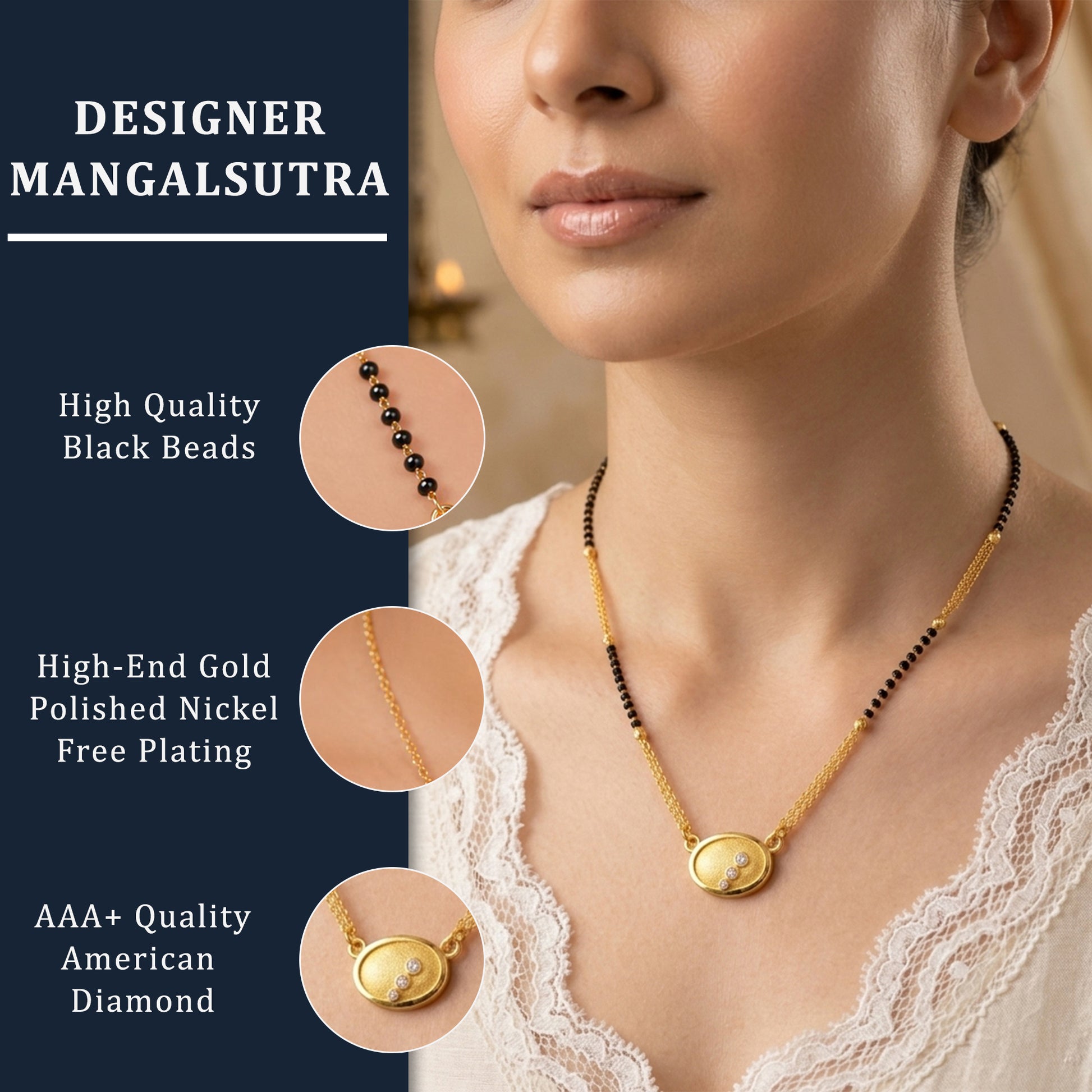 Celestial Oval Textured Mangalsutra with Triple Zircon Accents