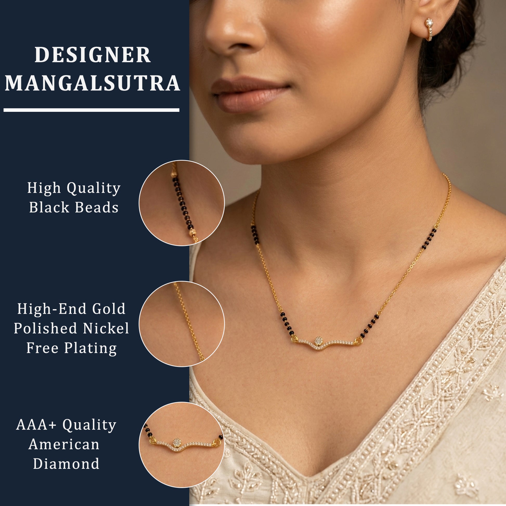 Elegant Gold-Plated Mangalsutra Necklace with Zircon Diamond Pendant