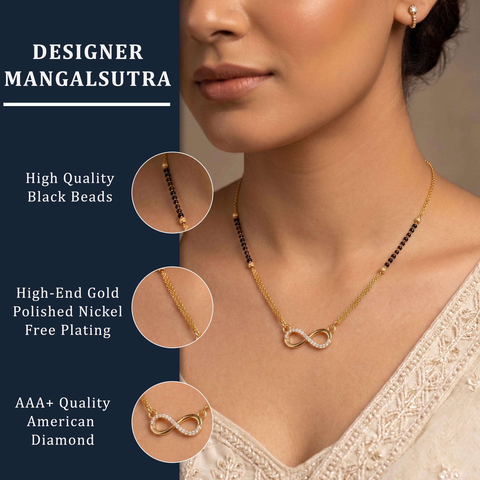 Infinity Charm Gold Plated Mangalsutra Necklace with Black Beads