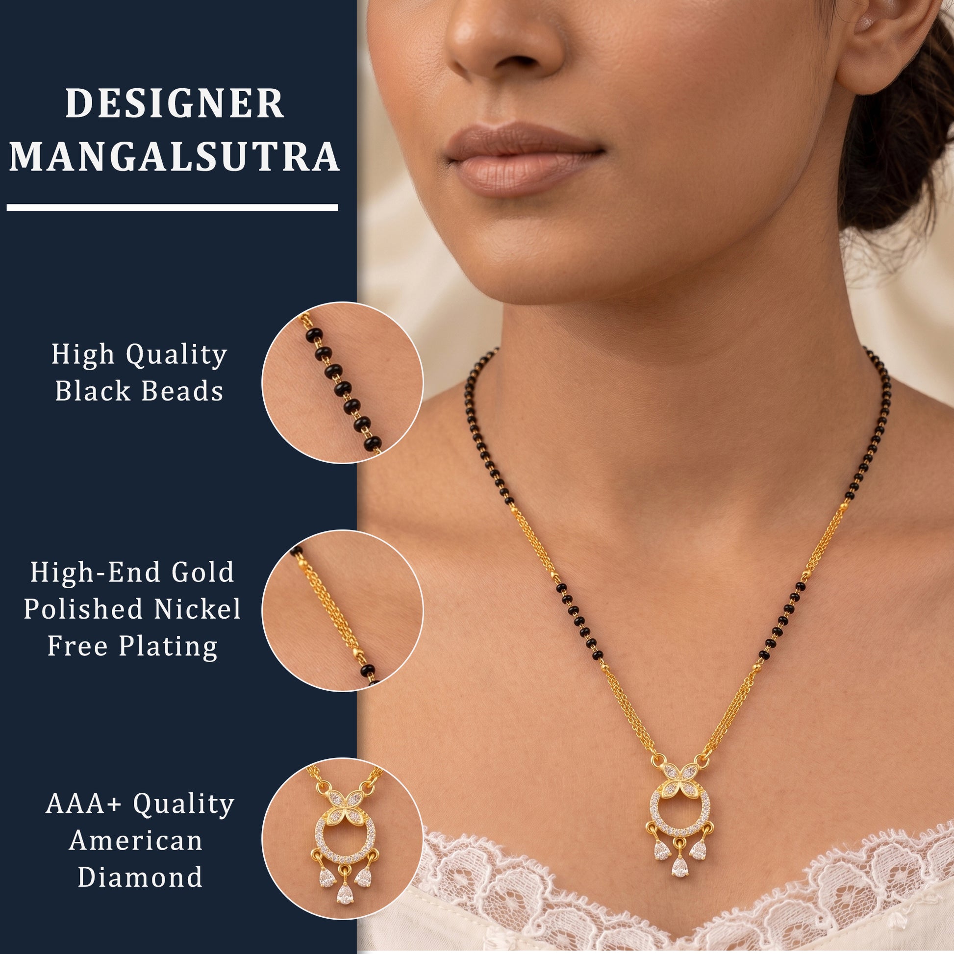 Floral Halo Mangalsutra with Triple Zircon Droplets
