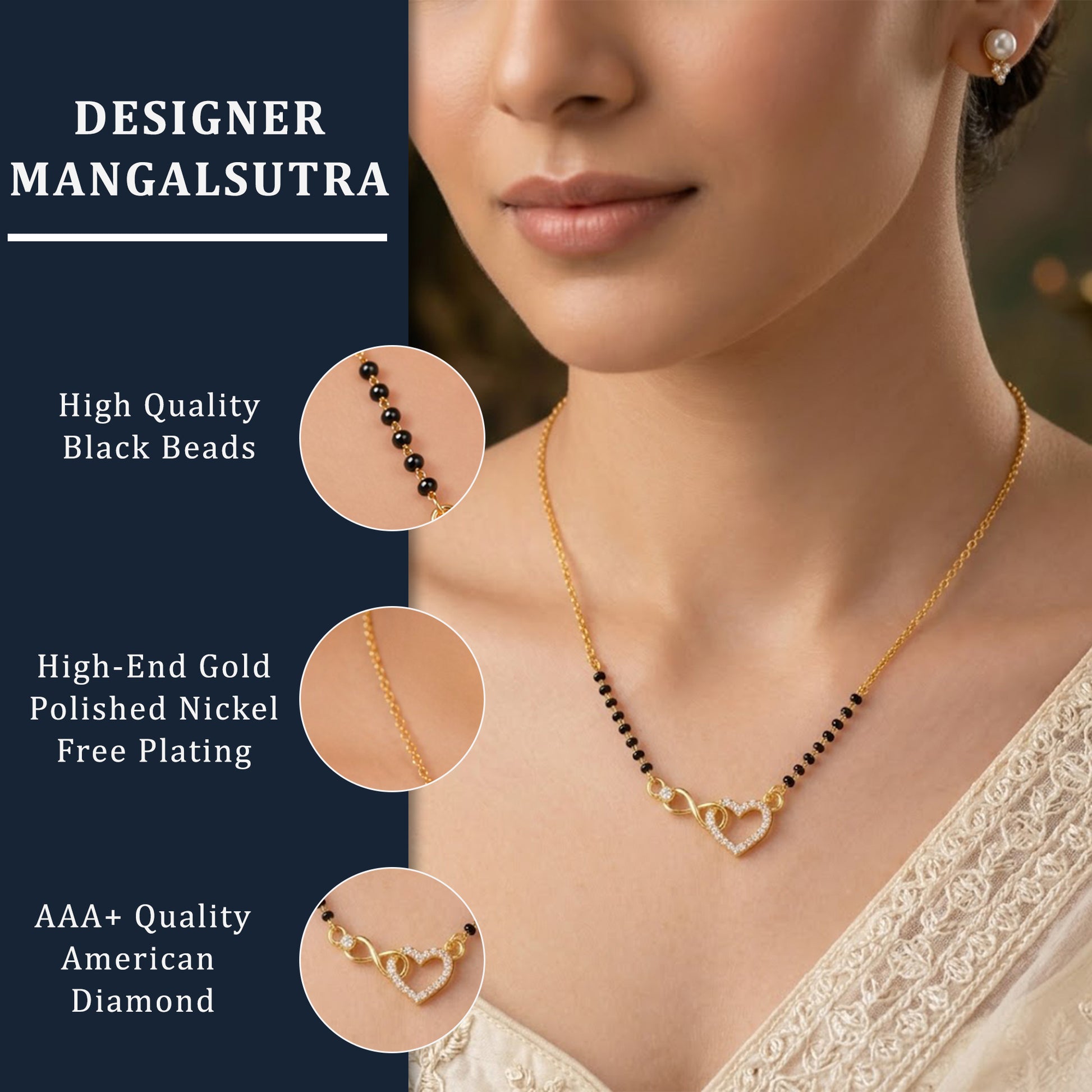 Gold Plated Heart & Infinity Diamond-Style Mangalsutra Necklace