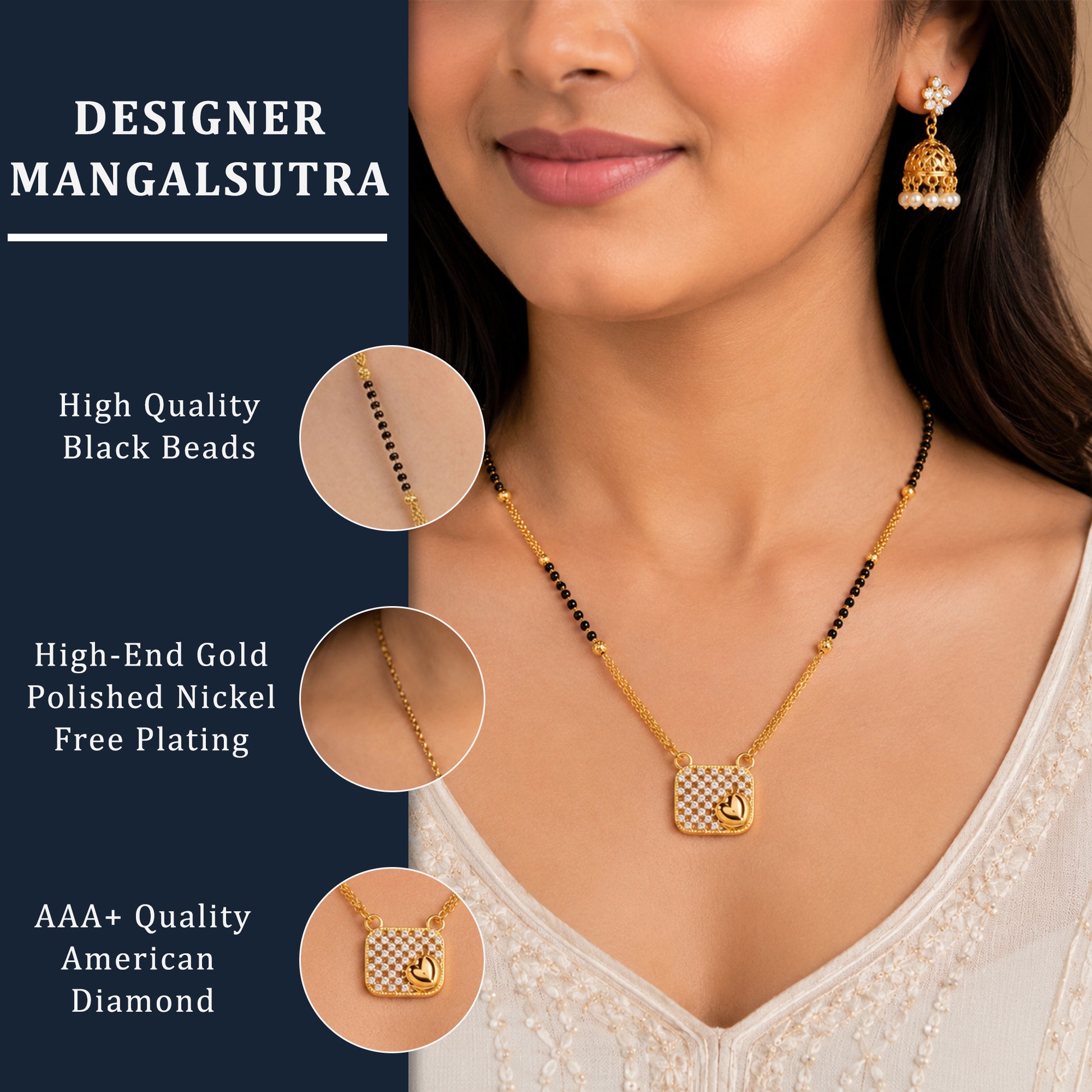 Geometric Lattice Square Mangalsutra with Heart & Leaf Detail