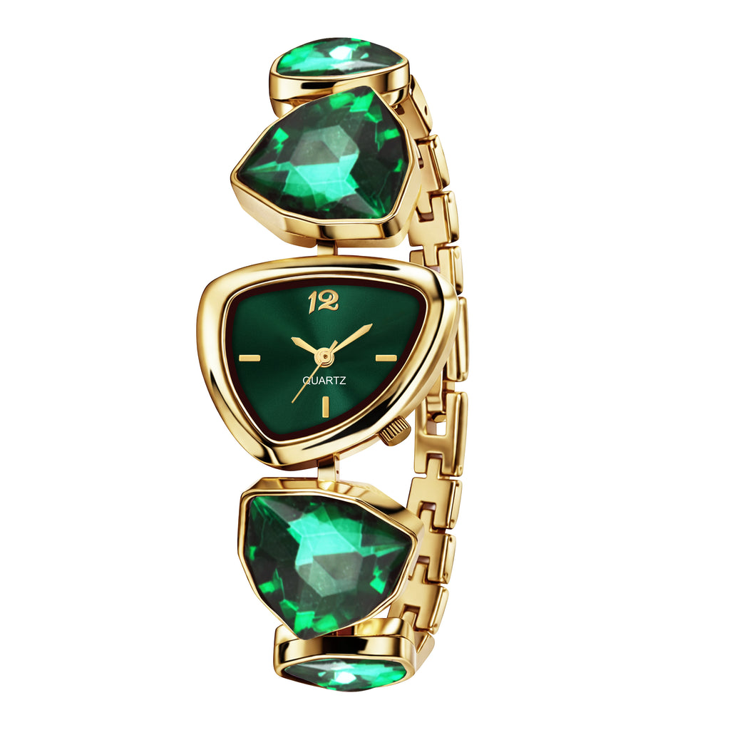 Luxury Geometric Emerald Green Crystal Bracelet Watch for Women – Premium Gold-Plated Asymmetric Dial Analog Watch