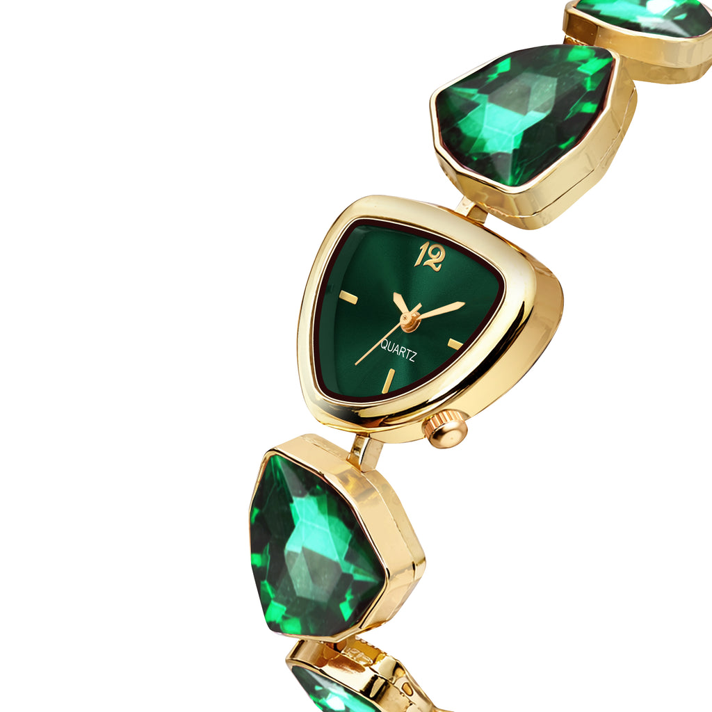 Luxury Geometric Emerald Green Crystal Bracelet Watch for Women – Premium Gold-Plated Asymmetric Dial Analog Watch