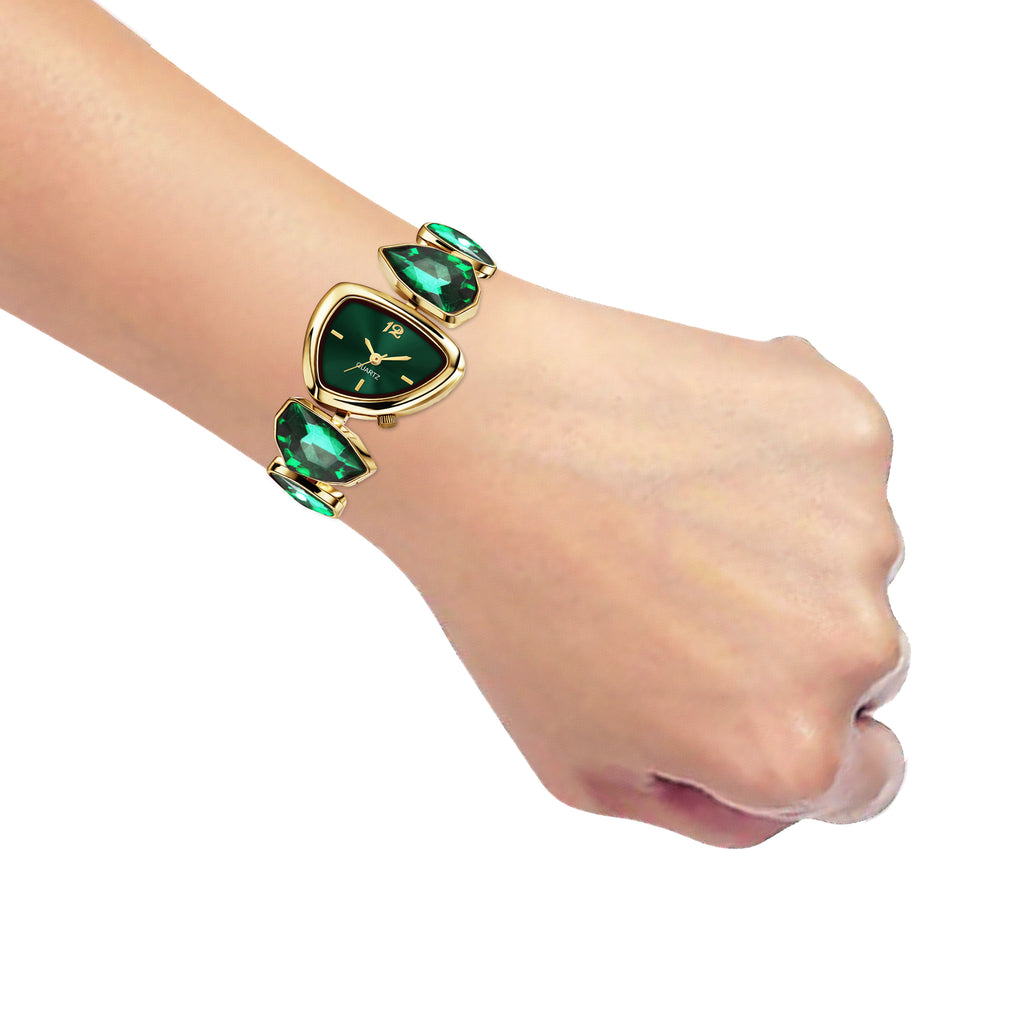 Luxury Geometric Emerald Green Crystal Bracelet Watch for Women – Premium Gold-Plated Asymmetric Dial Analog Watch