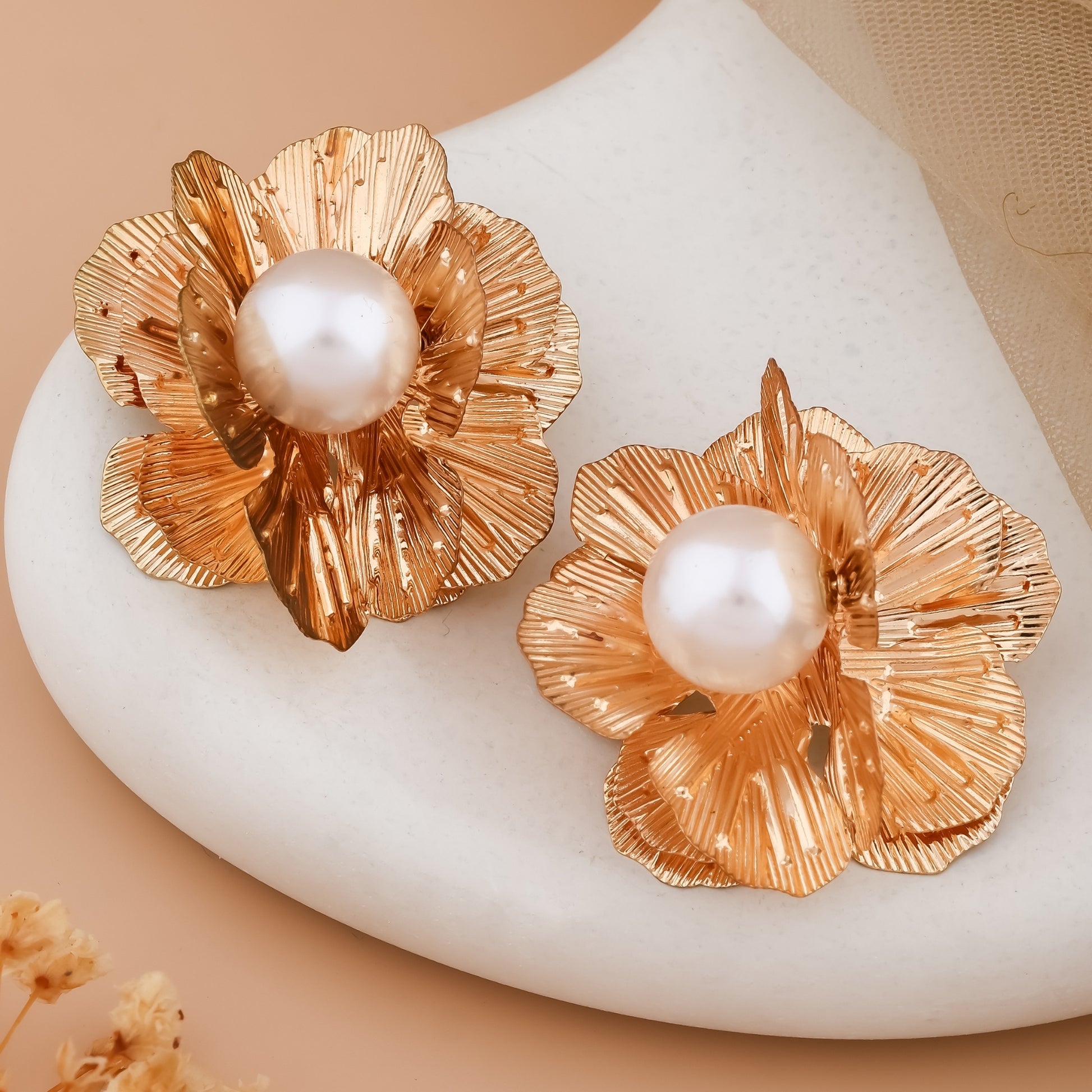 Gold Textured Flower Earrings