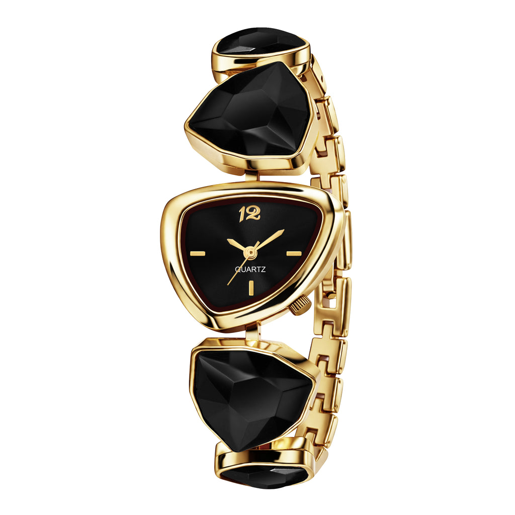 Luxury Geometric Royal Black Crystal Bracelet Watch for Women – Premium Gold-Plated Asymmetric Dial Analog Watch