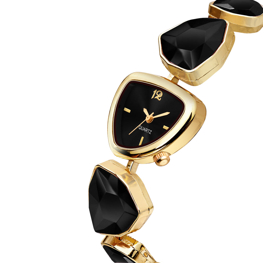 Luxury Geometric Royal Black Crystal Bracelet Watch for Women – Premium Gold-Plated Asymmetric Dial Analog Watch