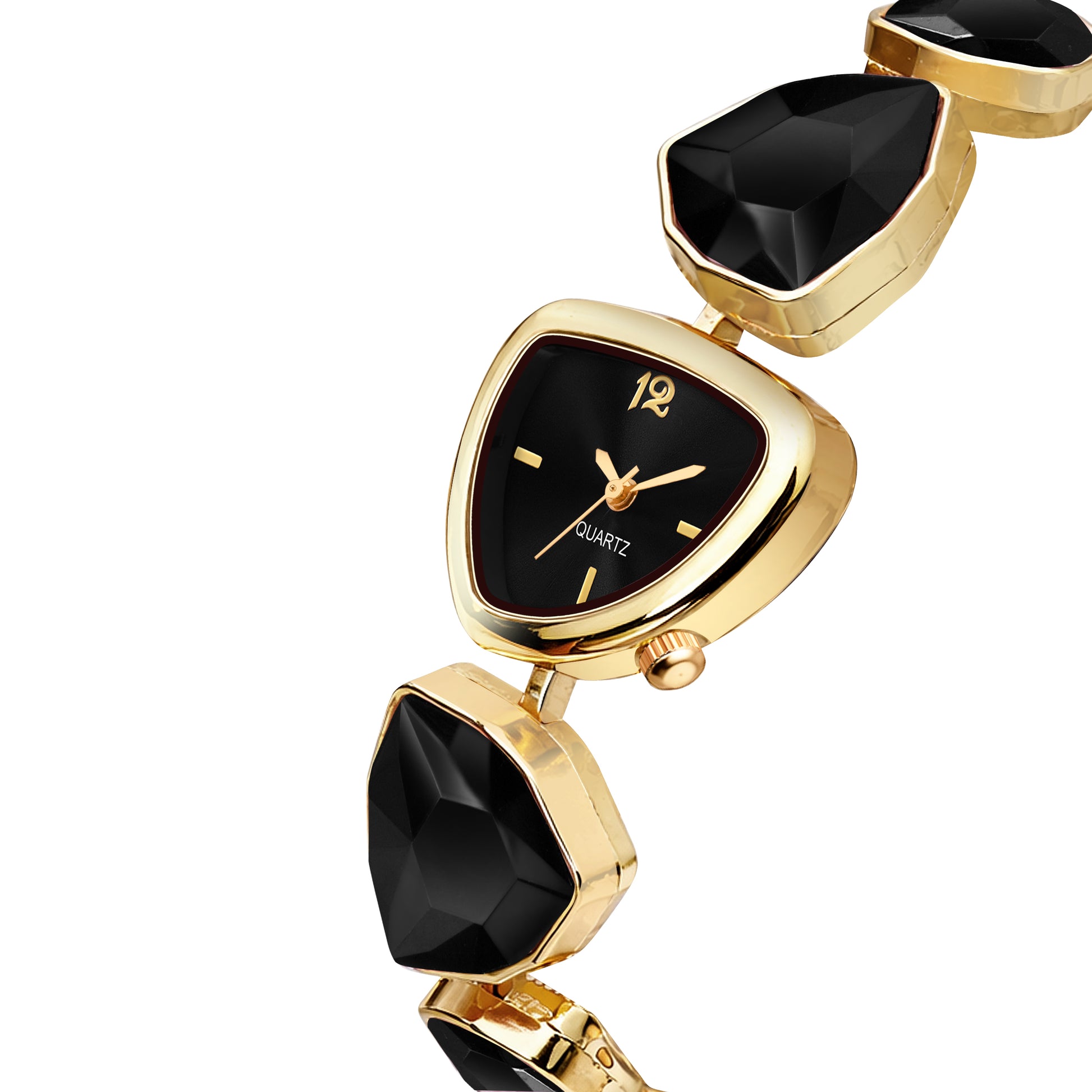 Luxury Geometric Royal Black Crystal Bracelet Watch for Women – Premium Gold-Plated Asymmetric Dial Analog Watch