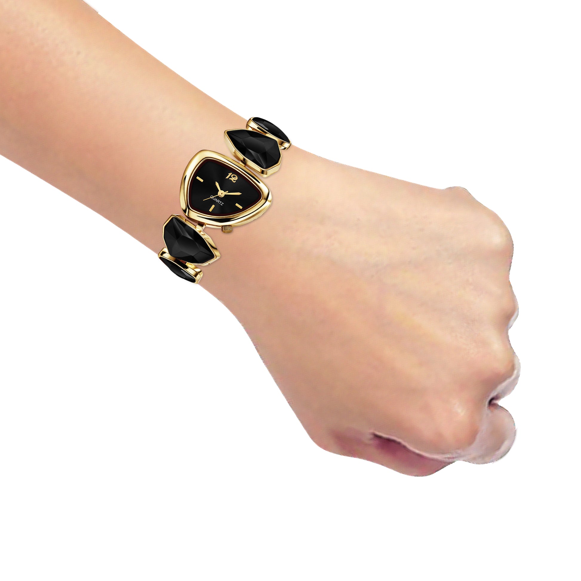 Luxury Geometric Royal Black Crystal Bracelet Watch for Women – Premium Gold-Plated Asymmetric Dial Analog Watch
