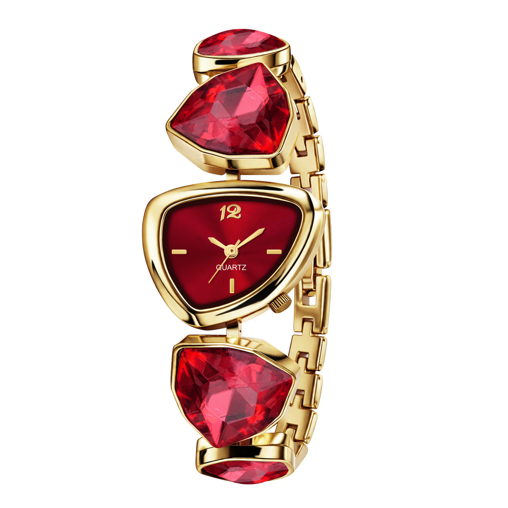 Luxury Geometric Ruby Red Crystal Bracelet Watch for Women – Premium Gold-Plated Asymmetric Dial Analog Watch