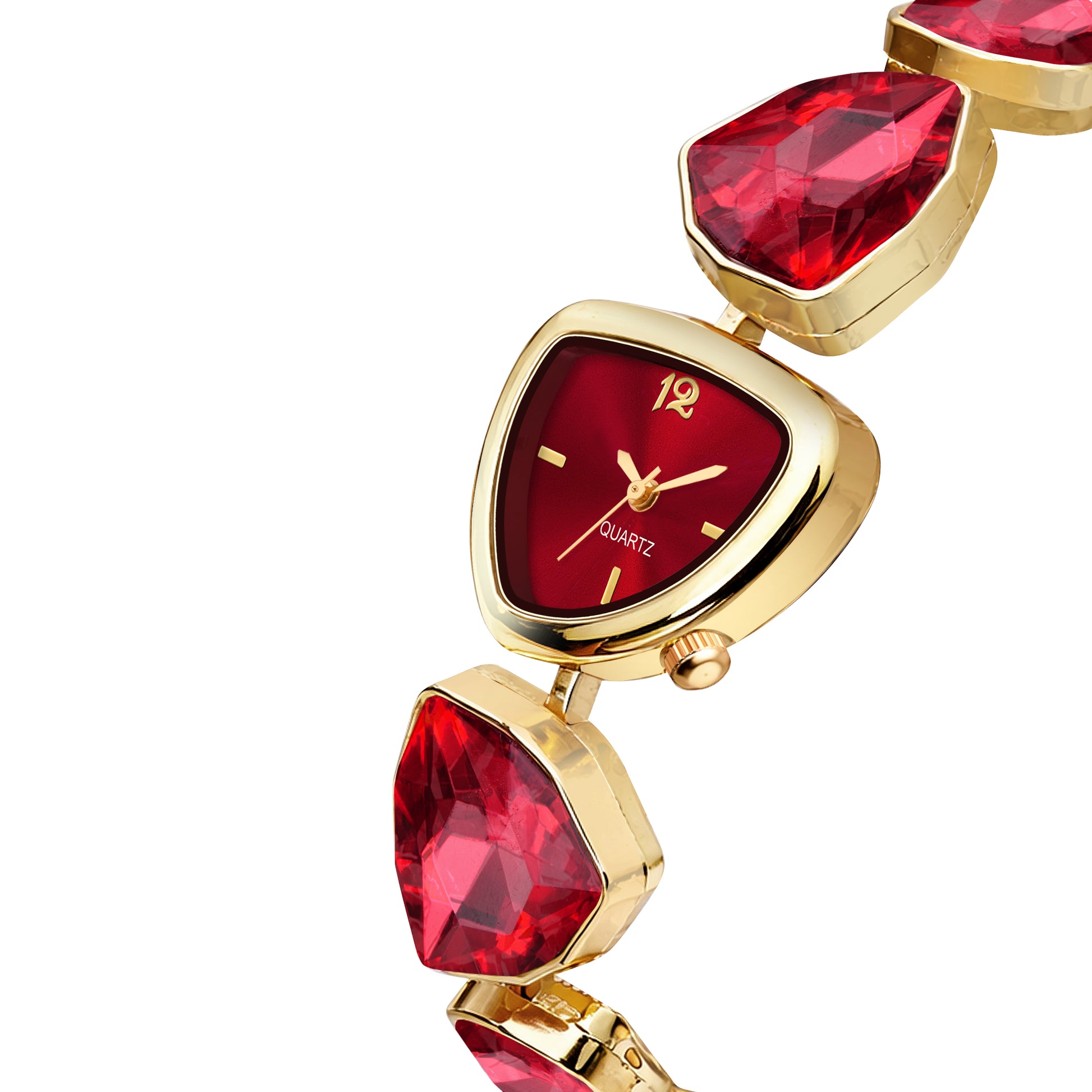 Luxury Geometric Ruby Red Crystal Bracelet Watch for Women – Premium Gold-Plated Asymmetric Dial Analog Watch