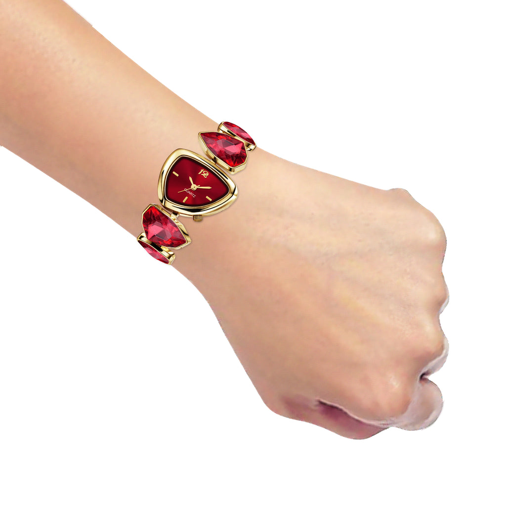 Luxury Geometric Ruby Red Crystal Bracelet Watch for Women – Premium Gold-Plated Asymmetric Dial Analog Watch