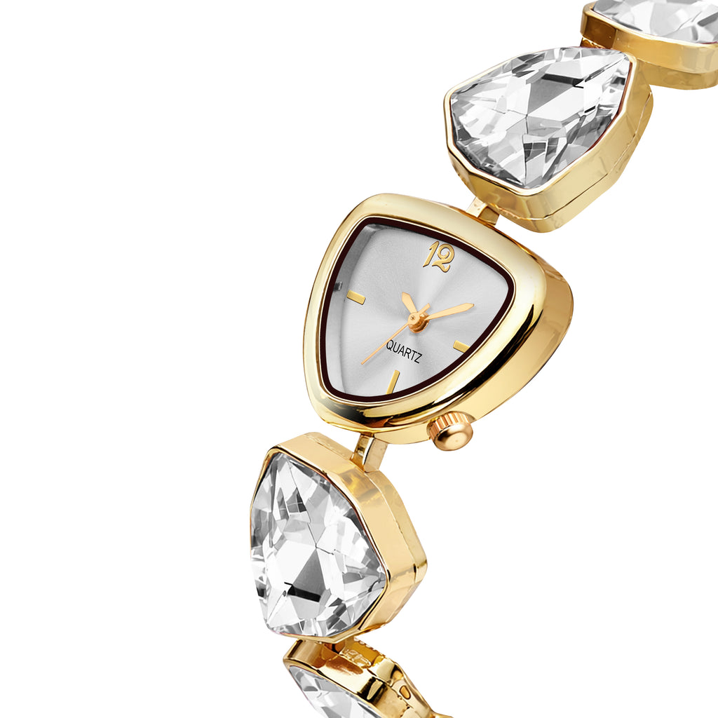 Luxury Geometric Pastel White Crystal Bracelet Watch for Women – Premium Gold-Plated Asymmetric Dial Analog Watch