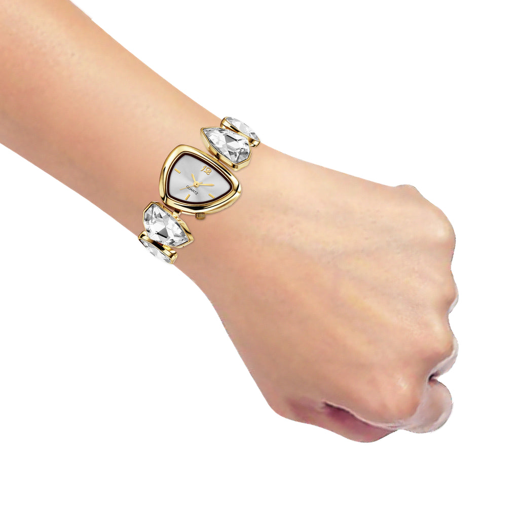 Luxury Geometric Pastel White Crystal Bracelet Watch for Women – Premium Gold-Plated Asymmetric Dial Analog Watch