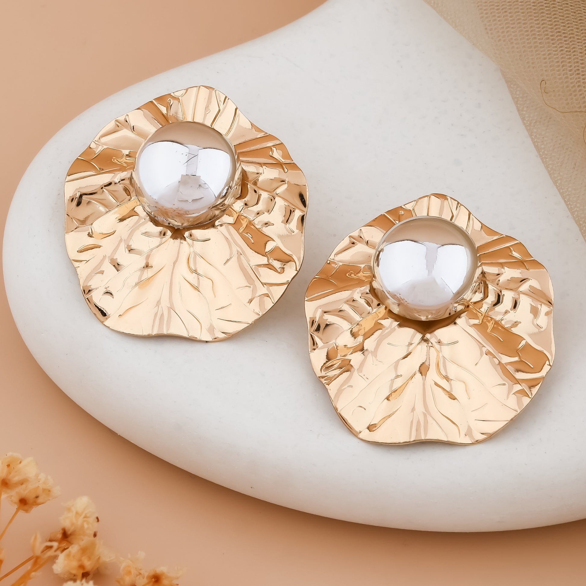 Gold Crumpled Petal Stud Earrings