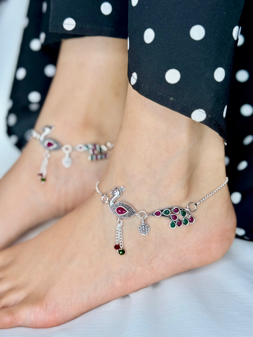 Silver Peacock Design Stone Studded Anklet for Women (Pair)