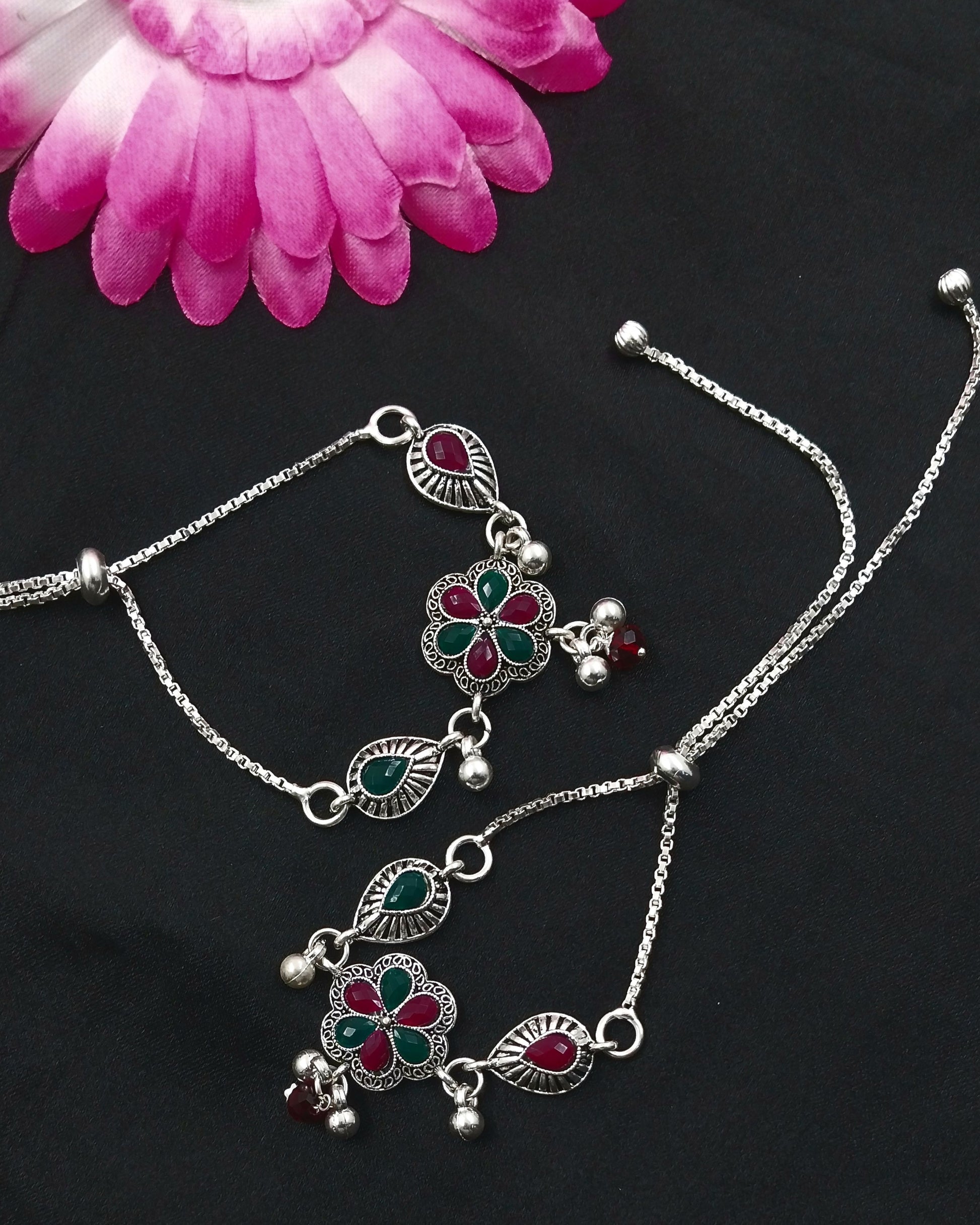 Oxidised Floral Payal – Green & Pink Stone Anklet with Ghungroo