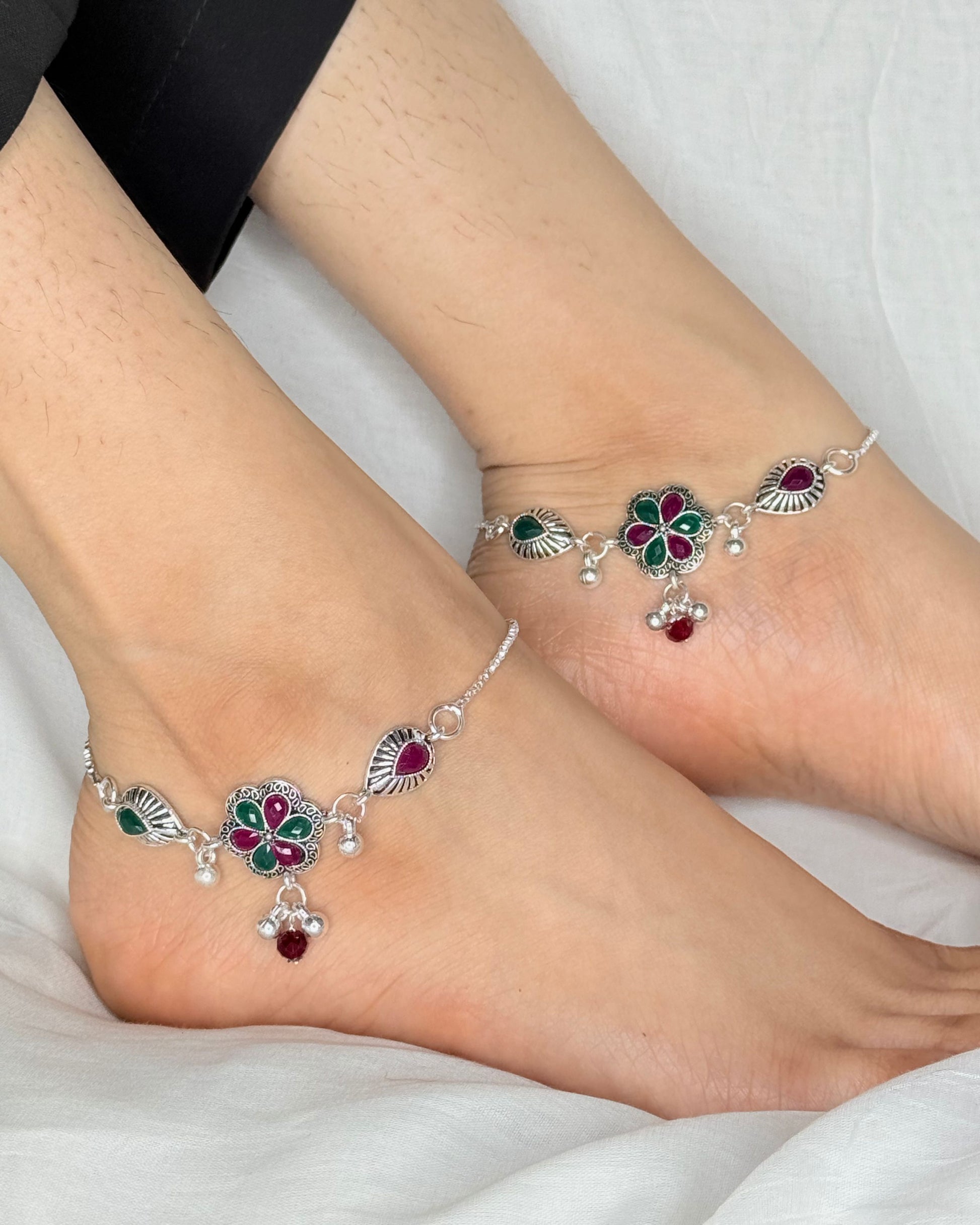 Oxidised Floral Payal – Green & Pink Stone Anklet with Ghungroo