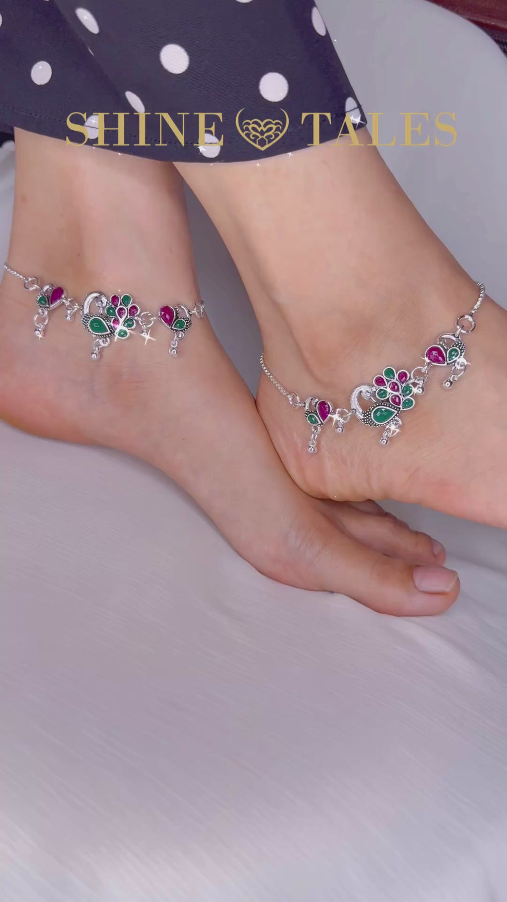 Silver Dual Peacock Design Anklet with Red & Green Stones (Pair)