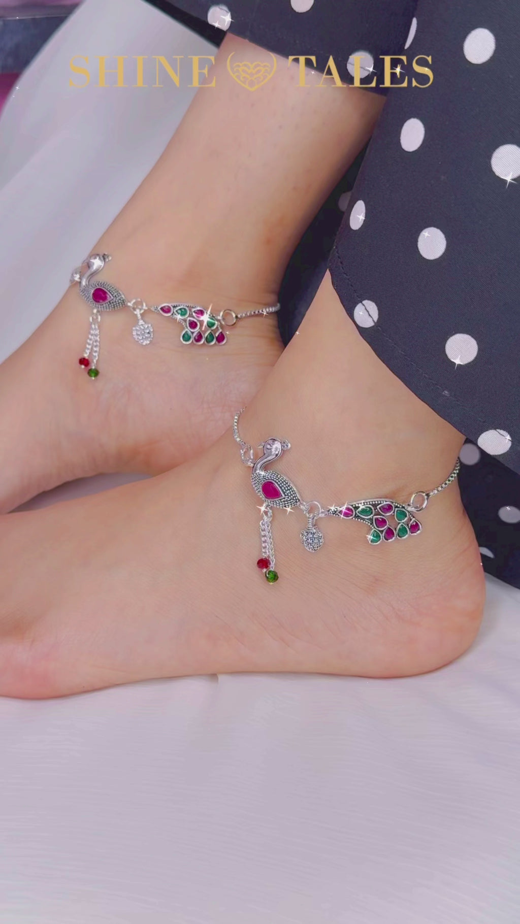 Silver Peacock Design Stone Studded Anklet for Women (Pair)