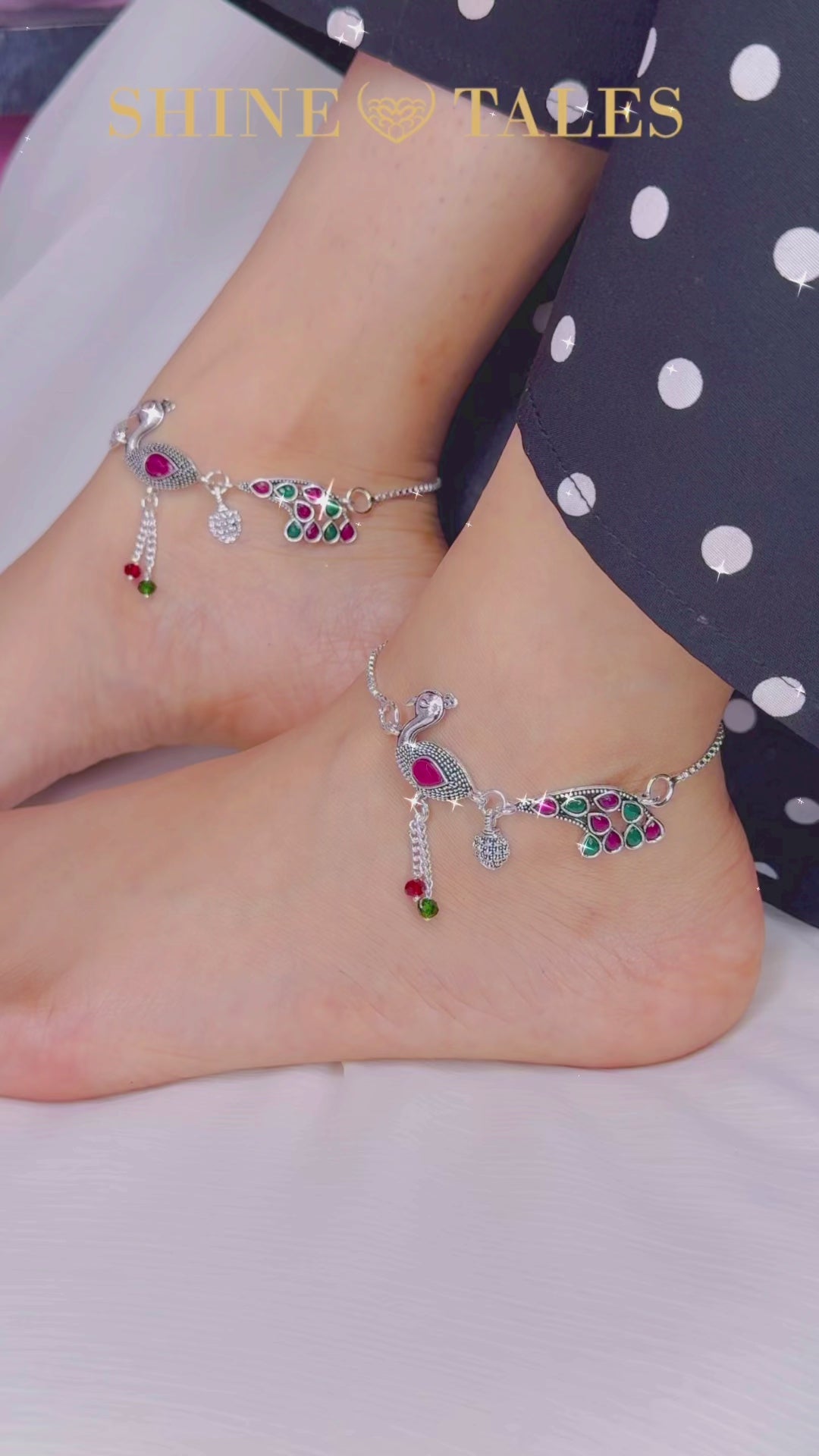 Silver Peacock Design Stone Studded Anklet for Women (Pair)